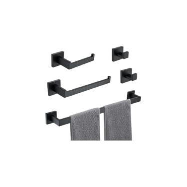 Imagem de Kit de Acessórios para Banheiro com 5 Peças, Preto, Polipropileno, Inclui Saboneteira, Porta-Toalha Argola, 2 Ganchos, Suporte Papel Higiênico