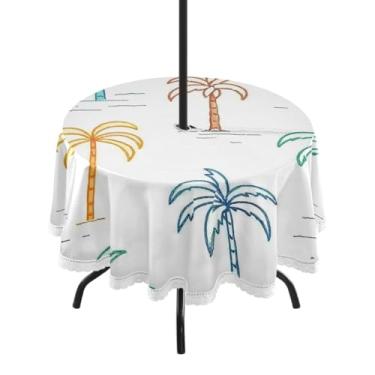 Imagem de Qilmy Toalha de mesa colorida redonda impermeável de 152 cm com orifício para guarda-chuva e zíper – uso externo / interno resistente para pátio, churrascos, piqueniques, festas (serve para mesas