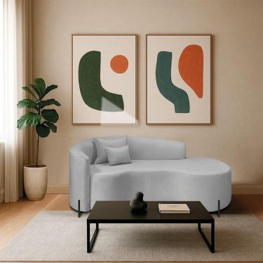 Imagem de Divã Recamier Curvo Sala De Estar Recepção Inglaterra 200cm Pés Metal Preto Lado Direito Linho Cinza Claro