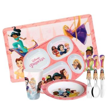 Imagem de Jogo Refeição Infantil Princesas Disney 7 Peças Prato Divisória, Prato Fundo, Copo E Talheres - Tuut