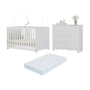 Imagem de Berço Americano 3 Em 1 Com Colchão Incluso E Cômoda 1 Porta 4 Gavetas Dengo Multimóveis MP4698 Branco