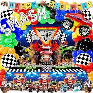 Imagem de Monster Truck Decorações de festa de aniversário para meninos - Kit de arco de balão de corrida balão quadriculado caminhão monstro faixa de aniversário pano de fundo toalha de mesa topo de bolo e