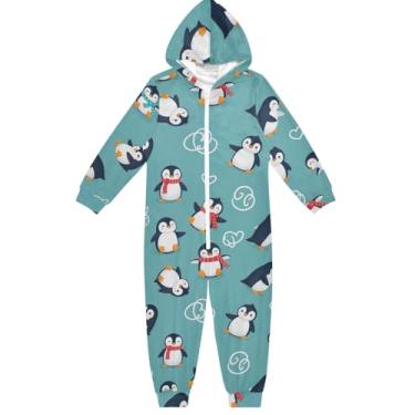 Imagem de Lindo macacão infantil unissex azul pinguins, macacão de peça única para meninas e meninos 4 anos, Pinguins fofos azuis, 4 Anos