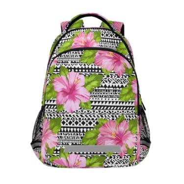 Imagem de ODAWA Hibiscus Pink Flowers School Backpack for Kids and Students Black White Floral Laptop Backpack 13L