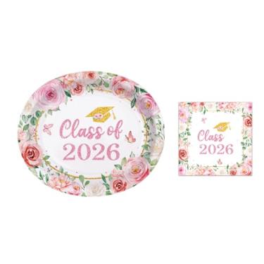 Imagem de JarThenaAMCS 50 peças de pratos ovais e guardanapos de papel floral de graduação flor rosa classe de 2026 pratos descartáveis guardanapos para artigos de mesa de festa de parabéns