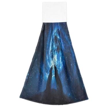 Imagem de Wolves Toalhas de mão para pendurar no espaço noturno da lua uivando para cozinha, conjunto de 2 toalhas de cozinha decorativas macias absorventes, 46 x 35 cm