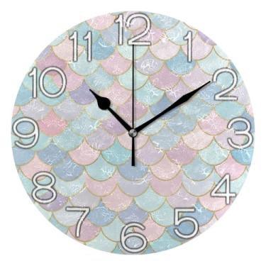 Imagem de GAIGEO Relógio de parede analógico decorativo redondo sem tique-taque silencioso para sala de aula, relógio de escritório, retrô moderno art déco, decoração de parede aquarela escamas de sereia rosa
