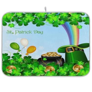 Imagem de Shamrocks Tapete de secagem de pratos para o dia de São Patrício, 45 x 61 cm, absorvente, arco-íris, balões e pratos, escorredor de pratos, protetor para cozinha, secagem rápida