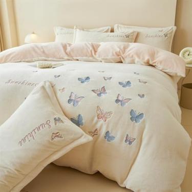 Imagem de Conjunto de capa de edredom e saia de cama em veludo macio cor leite com bordado de borboletas, ideal para o outono e inverno, nas cores bege e rosa, tamanho Queen (200x230cm).