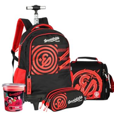 Imagem de Kit Mochila Rodinha Enaldinho Juvenil Escolar Carrinho 360 Notebook (Vermelho) com lancheira e estojo e slime