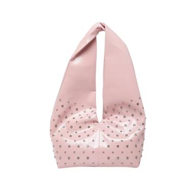 Imagem de CORIOS Bolsa feminina de couro PU bolsa de ombro com design rebite capacidade média bolsa alça superior elegante bolsa axila, rosa, L, Elegante