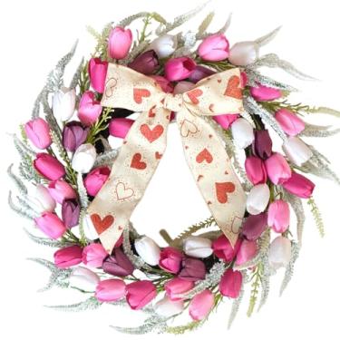 Imagem de Bibelot Guirlanda de Dia dos Namorados para porta da frente, guirlanda de tulipa de 50 cm com flores artificiais rosa, branco e roxo, guirlandas de dia dos namorados para decorações de festivais de