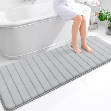 Imagem de OLANLY Tapetes de banheiro longos listrados de espuma viscoelástica 180 x 61, tapete de banho absorvente super macio, secagem rápida, tapetes de chuveiro laváveis na máquina, tapete de banho