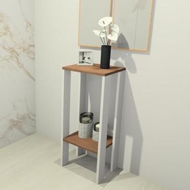 Imagem de Mesinha Alta Multifuncional MDF Durável Mesa de Canto Apoio Bebedouro para Sala Quarto Cozinha Ideal para Apartamentos(BRANCO E TABACO)