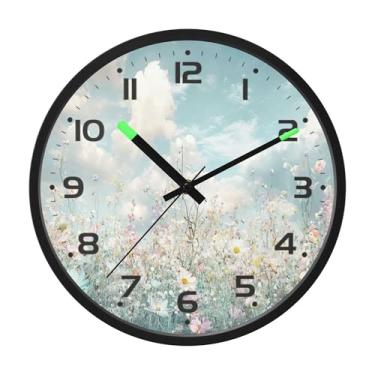 Imagem de SEHANY Herb Wildflower Relógio de parede silencioso sem tique-taque relógio redondo operado por bateria 30 cm controle de som luz noturna relógios de parede para sala de estar, cozinha, quarto