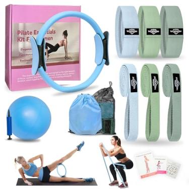 Imagem de DICYWUDI Kit essencial de pilates para mulheres em casa, equipamento de pilates para exercícios, 6 faixas de resistência de tecido, anel de ioga de círculo mágico de 30 cm, mini bola de exercício