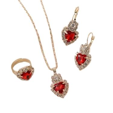 Imagem de Elegante conjunto de joias de 3 peças para mulheres, colar com pingente de pedra preciosa vermelha banhada a ouro, brincos e conjunto de anéis