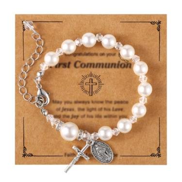 Imagem de Pulseiras de primeira comunhão para, rosário católico cruz pérola pulseira cristã 1ª comunhão presentes para filha, sobrinha, neta, presente de batismo de páscoa