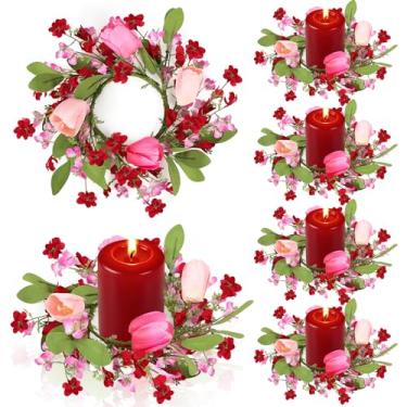 Imagem de 6 anéis de vela de dia dos namorados, mini guirlanda de tulipa rosa dos namorados com flores de forsítia, folha verde lavanda para casamento, casa, mesa, centro de mesa, porta e parede