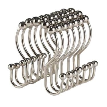 Imagem de Pacote com 12 ganchos de cortina de chuveiro de aço inoxidável – anéis de gancho duplo com rolamento de esferas deslizantes, perfeitos para banheiros, acessórios de cortina de chuveiro duráveis, ouro
