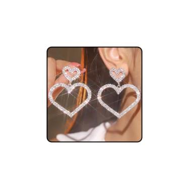 Imagem de Brincos de argola de coração de strass para mulheres, brincos de argola de coração de prata brilhante, prata brilhante, em forma de amor, presentes de dia dos namorados para ela, Zinco, Sem pedra
