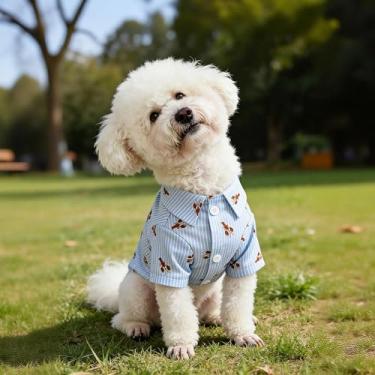 Imagem de Camisa para animais de estimação com listras azuis claras e estampa de lagosta com botões e gola frontal design manga curta verão azul leve GG