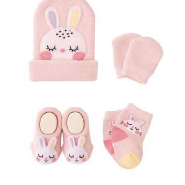 Imagem de Kit 4 Peças Fofurinha Recém Nascidos Com Touca Luva e Meia Meia 3D Beb