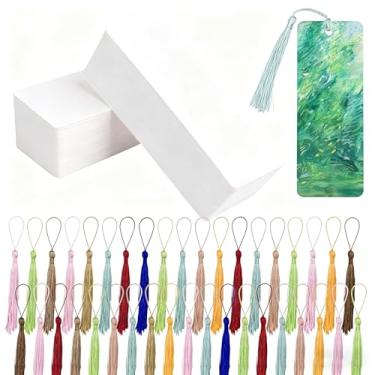 Imagem de YDJIANCAI 100 peças de marcadores em branco com 100 peças de borlas coloridas, marcadores de livros de papel de artesanato para projetos de arte DIY, material escolar, etiquetas de presentes, projetos