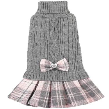 Imagem de Suéter de cachorro grosso e quente para cães com saia xadrez, suéteres macios para cães pequenos, meninas, roupas confortáveis para gatos, gola rolê, pulôver de tricô para poodle de brinquedo, mini