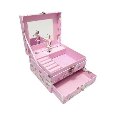 Imagem de Caixa De Música Pônei Rosa Com Gaveta Espelho Armazenamento De Joias P