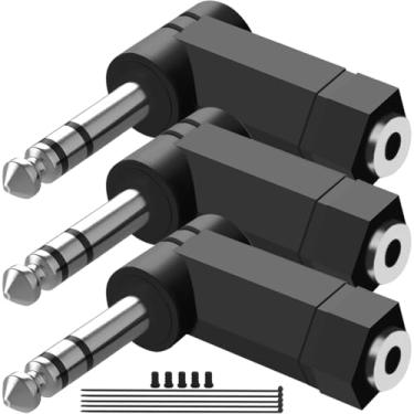 Imagem de MKBKLLJY 3 peças TRS 1/4 polegada para adaptador de ângulo reto de 3,5 mm 1/10.2 cm TRS 3 polos macho para 3,5 mm fêmea conversor de 90 graus extensor de extensão estéreo auxiliar auxiliar fone de