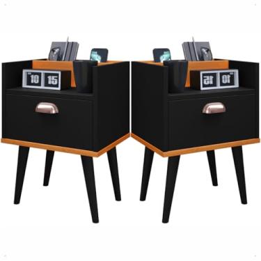 Imagem de Kit 2 Mesas de Cabeceira Milena Criado Mudo com Gaveta Pés Retrô (PRETO CINAMOMO)