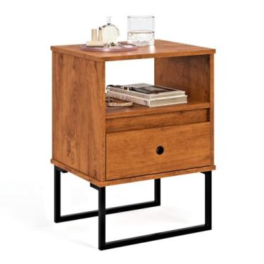 Imagem de Mesa de Cabeceira Box Industrial com 1 Gaveta Criado Mudo para Quarto com Pés em Aço(Freijó)