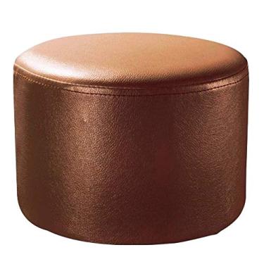 Imagem de Pufe redondo de couro com pernas de madeira maciça - Branco 28 x 28 x 30 cm pequeno otomano para sala de estar, mesa de centro, entrada, decoração moderna, assentos versáteis