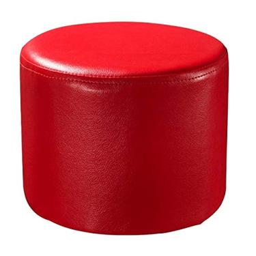 Imagem de Pufe redondo de couro branco - banco pequeno estofado com pernas de madeira maciça, 28 x 28 x 30 cm - perfeito para sala de estar, mesa de centro, decoração moderna.