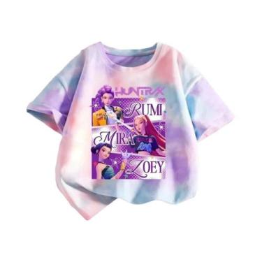 Imagem de Camiseta KPop Demon Hunters Tie-dye Roxa Para Meninas, Gola O, Manga C