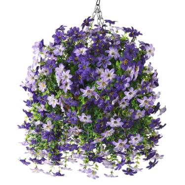 Imagem de INQCMY Cesta de plantas artificiais para pendurar flores artificiais para decoração ao ar livre, primavera, verão, margarida de seda falsa resistente a raios UV, aparência real para decoração de casa