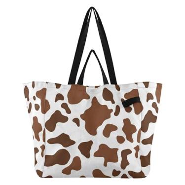 Imagem de SEHANY Sacolas de compras reutilizáveis com estampa de vaca marrom e branca com alças reforçadas, bolsa de compras de lona dobrável à prova d'água de grande capacidade para viagem, cozinha, praia