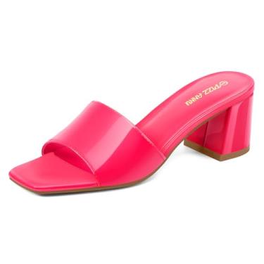 Imagem de PIZZ ANNU Sandálias femininas quadradas de bico aberto, salto baixo, salto grosso, sem fecho, confortável, casual, sapatos de salto alto, Patente rosa choque