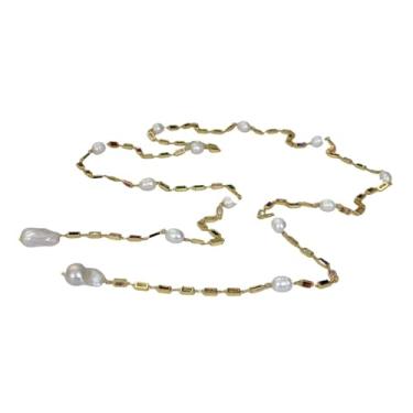 Imagem de DWBPGVUN Colar de corrente de cristal banhado a ouro longo retangular de cor mista Keshi branco cultivado