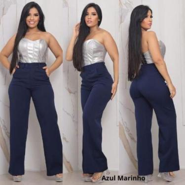 Imagem de Calça Pantalona Alfaiataria Feminina Social Cintura Alta Com bolso na 