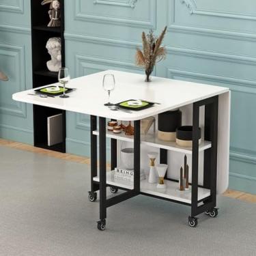 Imagem de ZXLPHA Mesa de jantar dobrável moderna com 6 rodas e prateleiras de armazenamento de 2 camadas, mesa de cozinha que economiza espaço, suporte de aço carbono, dobrável em 3 formas, 120 x 70 cm, suporte