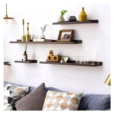 Imagem de Prateleiras flutuantes de madeira maciça, conjunto de 4 prateleiras flutuantes montadas na parede, sala de estar, quarto, organizador de parede para chuveiro, prateleira de borda, painéis de parede