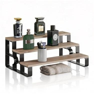 Imagem de Prateleira moderna de 3 camadas de colônia e perfume, madeira cinza com moldura preta, suporte organizador de bancada para armazenamento de fragrâncias (nogueira, 3 camadas - largura = 28,4 cm)