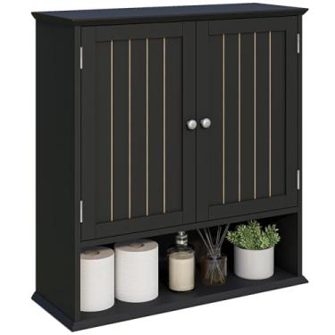 Imagem de Viaozutis Armário de parede de banheiro com 2 portas e prateleira aberta – Armário de remédios para economizar espaço sobre o banheiro, armazenamento de armário de madeira para organização de banheiro