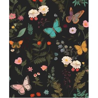 Imagem de VOLEAAR Papel de contato com forro de prateleira adesivo de borboleta boho, 44,5 cm x 198,1 cm, papel de parede floral preto vintage para artesanato DIY, papel de parede removível de vinil para cômoda
