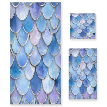 Imagem de xigua Conjunto de toalhas de banheiro com escamas de sereia em aquarela absorvente macio 3 peças toalha de banho toalha de mão toalhas decorativas para banheiro, academia, hotel, praia, piscina
