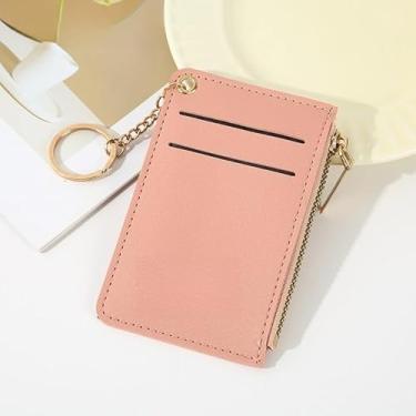 Imagem de Carteira pequena feminina de couro fina com porta-cartões e porta-moedas com chaveiro, cor da raiz de lótus, Bonito