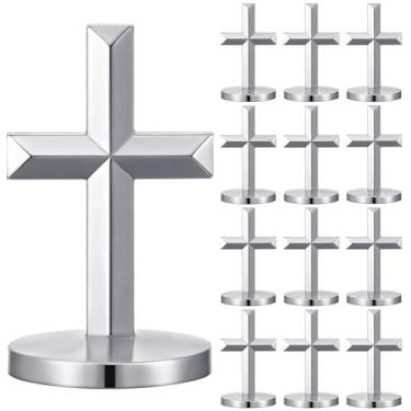 Imagem de Frienda 12 peças de crucifixo de metal em pé católica mini cruz estátua com suporte a granel cruz de Jesus Cristo ornamento de mesa para mesa de Páscoa decoração de altar de casa presente de orações