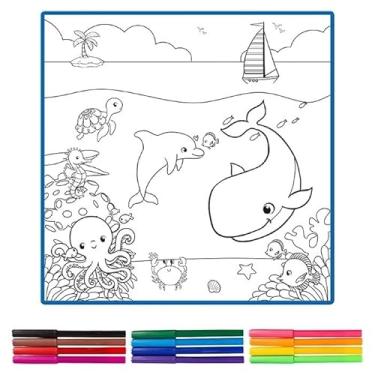 Imagem de Tapete de Pintura Lavável com 12 Canetinhas Coloridas, Tema Oceano e Princesas, Reutilizável, Desenvolvimento de Coordenação Motora